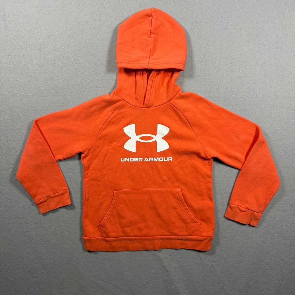 Under Armour Youth Pullover Hoodie Orange White Logo Fleece Sweatshirt